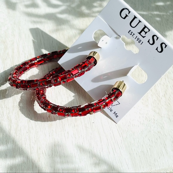 🌟🌟SOLD GUESS large hoop funky ENCRUSTED CRYSTAL BEADED earrings quirky RED a G - Picture 5 of 8